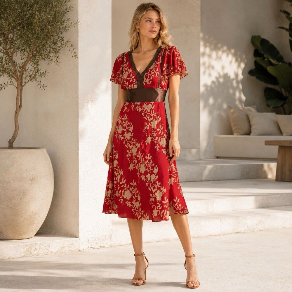 ANTHROPOLOGIE Maeve Womens 100% SILK Midi Dress 4 Babydoll Flutter Sleeve Floral